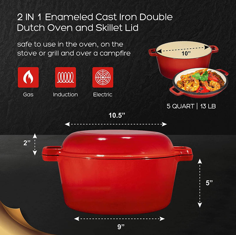 2 In 1 Enameled Cast Iron Double Dutch Oven & Skillet Lid, 5-Quart, Fire Red - Induction