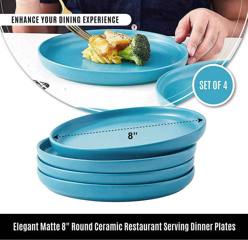 Bruntmor Set of 4 Elegant Matte 8" Round Ceramic Restaurant Serving Dinner Plates