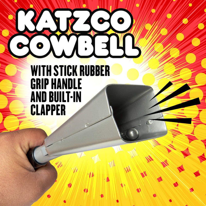 Katzco Cowbell with Stick Rubber Grip Handle and Built-in Clapper - 10 Inch Steel - Great