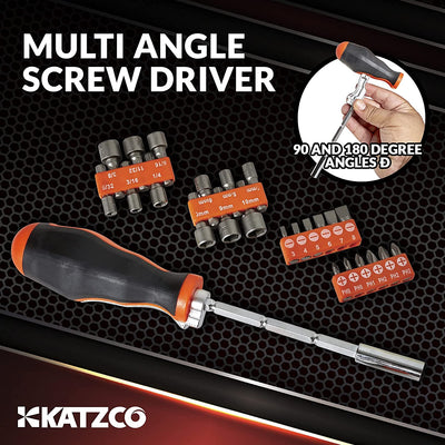 Katzco Multi Angle Ratcheting Screwdriver - 26 Piece Driver, Bit and Socket Set 90 and 180