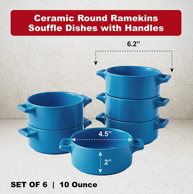 Bruntmor Modern Matte 10 Oz. Ceramic Round Ramekins Set Of 6 Souffle Dishes with Handles