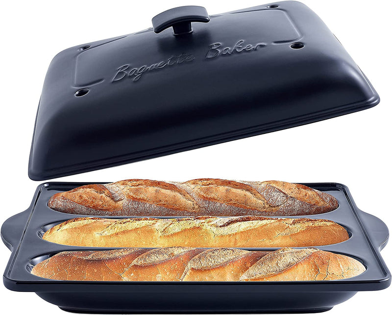 Bruntmor Porcelain Oven to Table Long French Bread - Baguette Baker3 Waves Loaf Bake