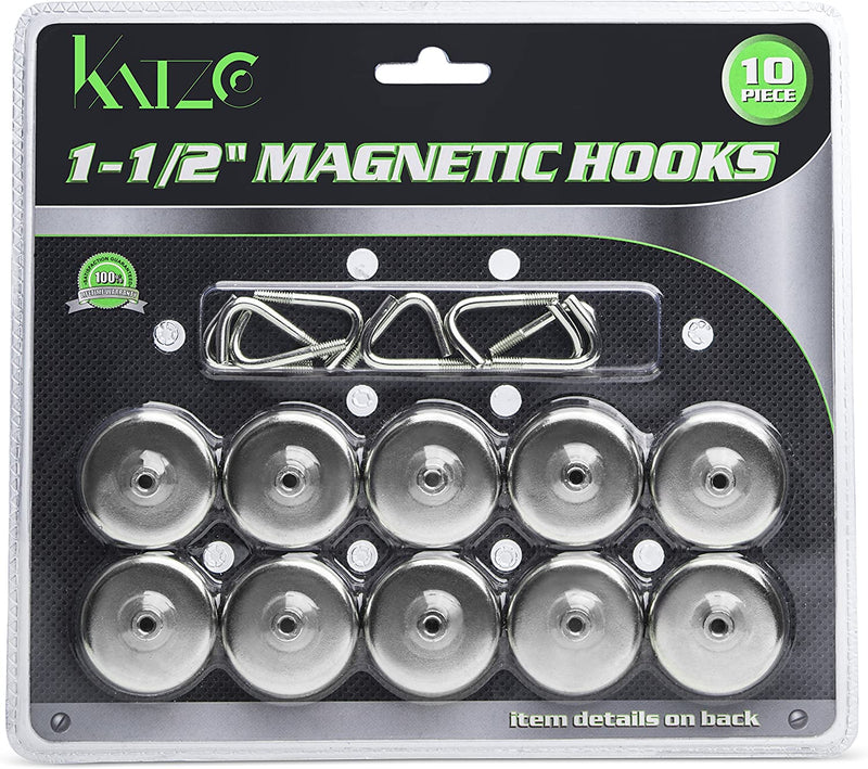 Katzco Magnetic Hooks - 10 Pack - 1.5 Inch - for Homes, Kitchens, Workshops, Garages