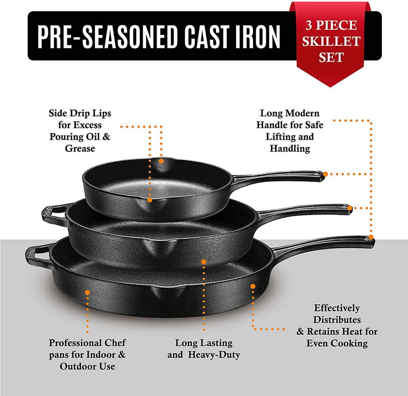 Pre-Seasoned Cast Iron 3 Piece Skillet Bundle. 12 + 10 + 8 Set of 3 Cast Iron Frying