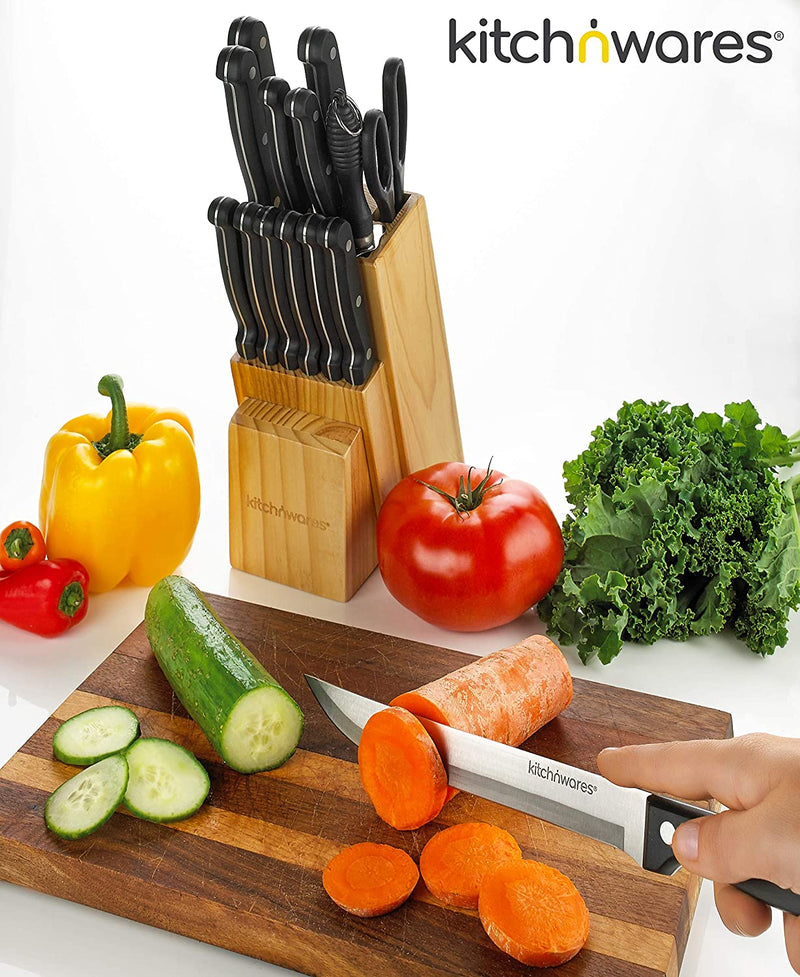 Knife Set With Wooden Block - 15 Piece Set Includes Chef Knife, Bread Knife, Carving