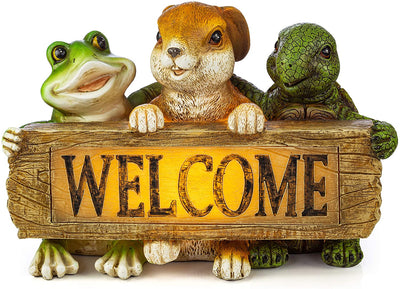 VP Home Backyard Friends Welcome Sign Frog Rabbit Turtle Solar Powered LED Outdoor Decor