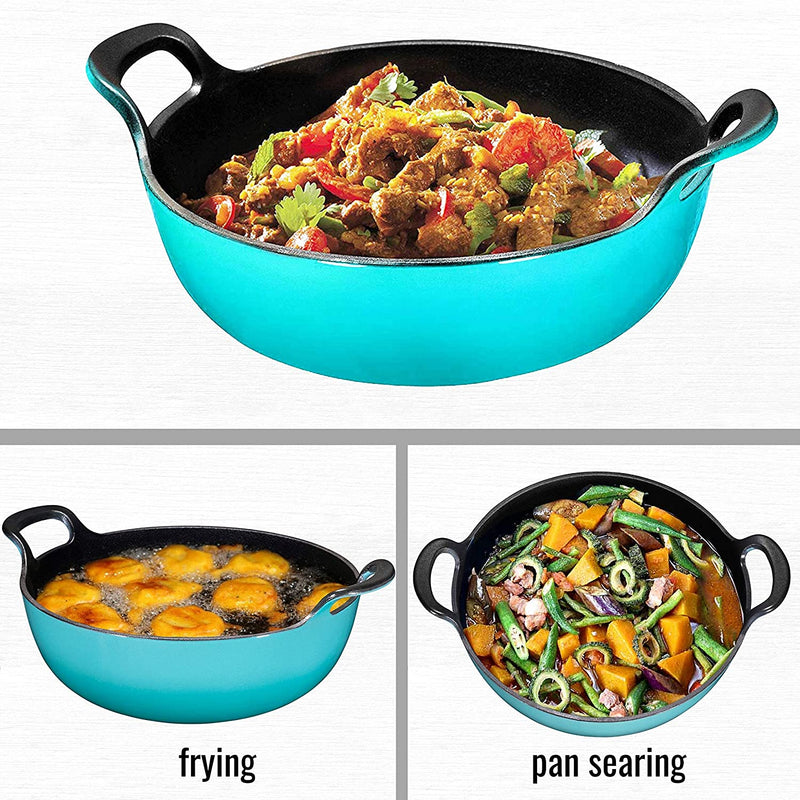 Enameled Cast Iron Balti Dish With Wide Loop Handles, 3 Quart, Turquoise