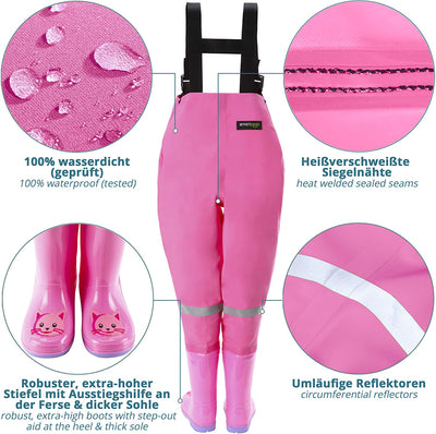 Waterproof waders for children with rubber boots pink size 34/35 ideals