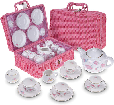 Porcelain tea service for little girls with pink picnic basket children's dishes