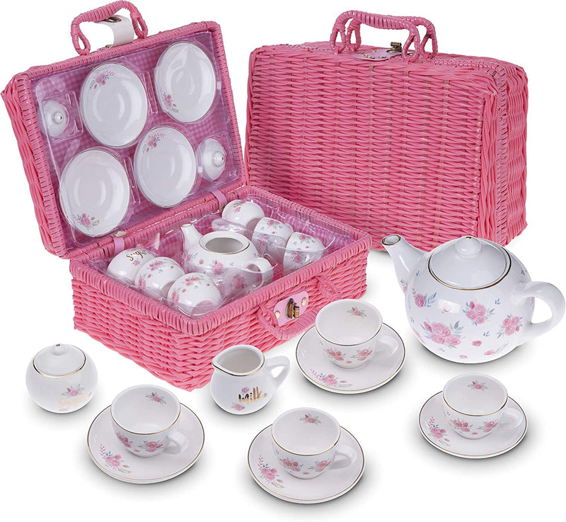 Porcelain tea service for little girls with pink picnic basket children&