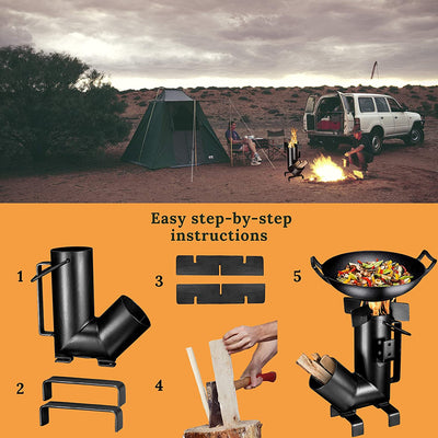 Bruntmor Camping Rocket Stove with Handle, Camping Survival Gear Self Feeding Wood Burning
