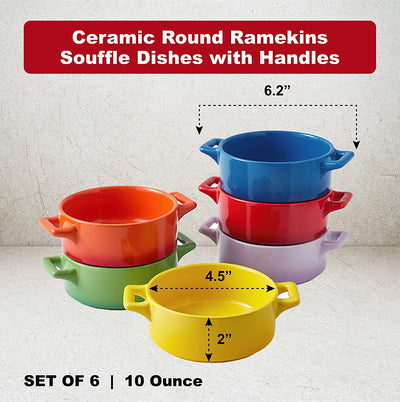 Bruntmor Modern Matte 10oz. Ceramic Round Ramekins Set Of 6 Souffle Dishes with Handles