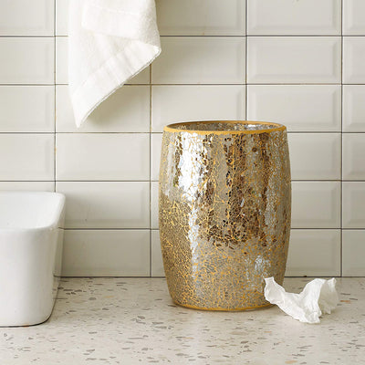 Bathroom Wastebasket - Glass Mosaic Decorative Trash Can Dia 7.5" H 10" (Shell