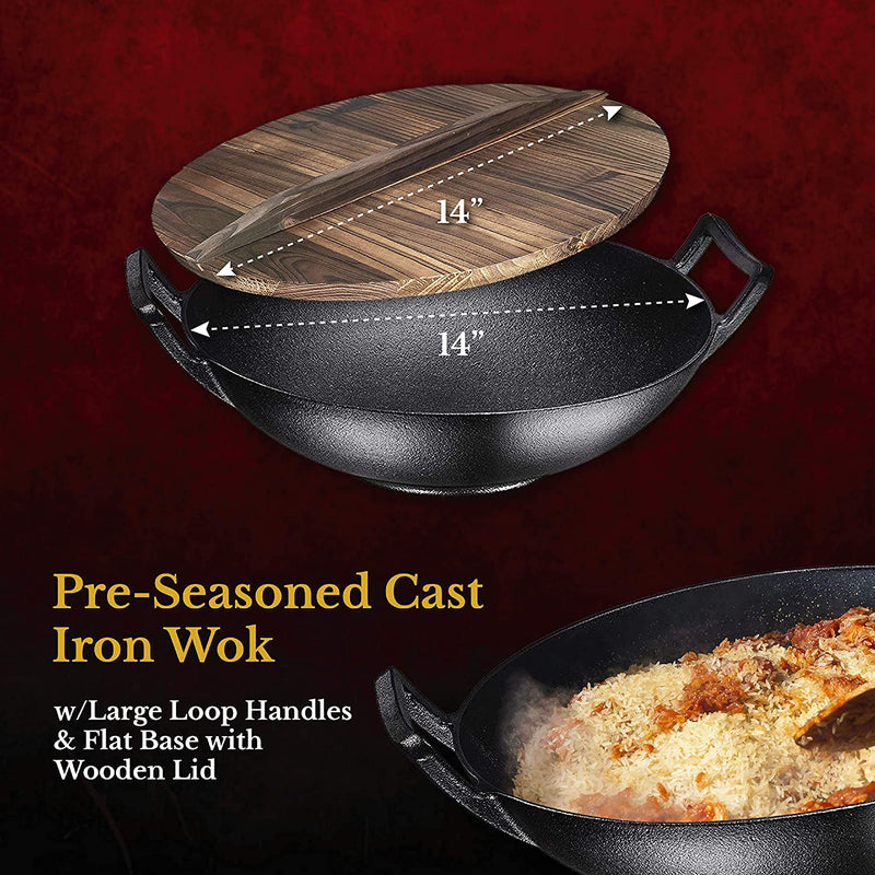 Pre-Seasoned Cast Iron Wok, Black, 14-Inch W/ Large Loop Handles & Flat Base With Wooden