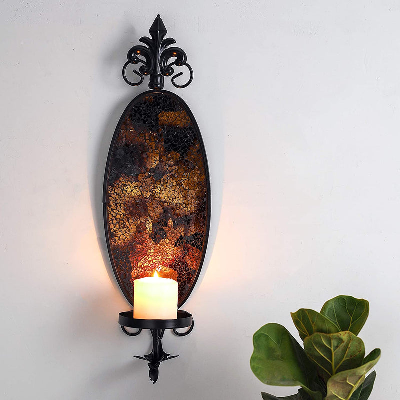 6 x 19 Inches Decorative Metal Wall Candle Sconce - Mosaic Glass Set of 2 (Gold Brown